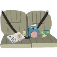 Illustration of a car backseat with a coloring book, juice box, child backpack, and toys on it
