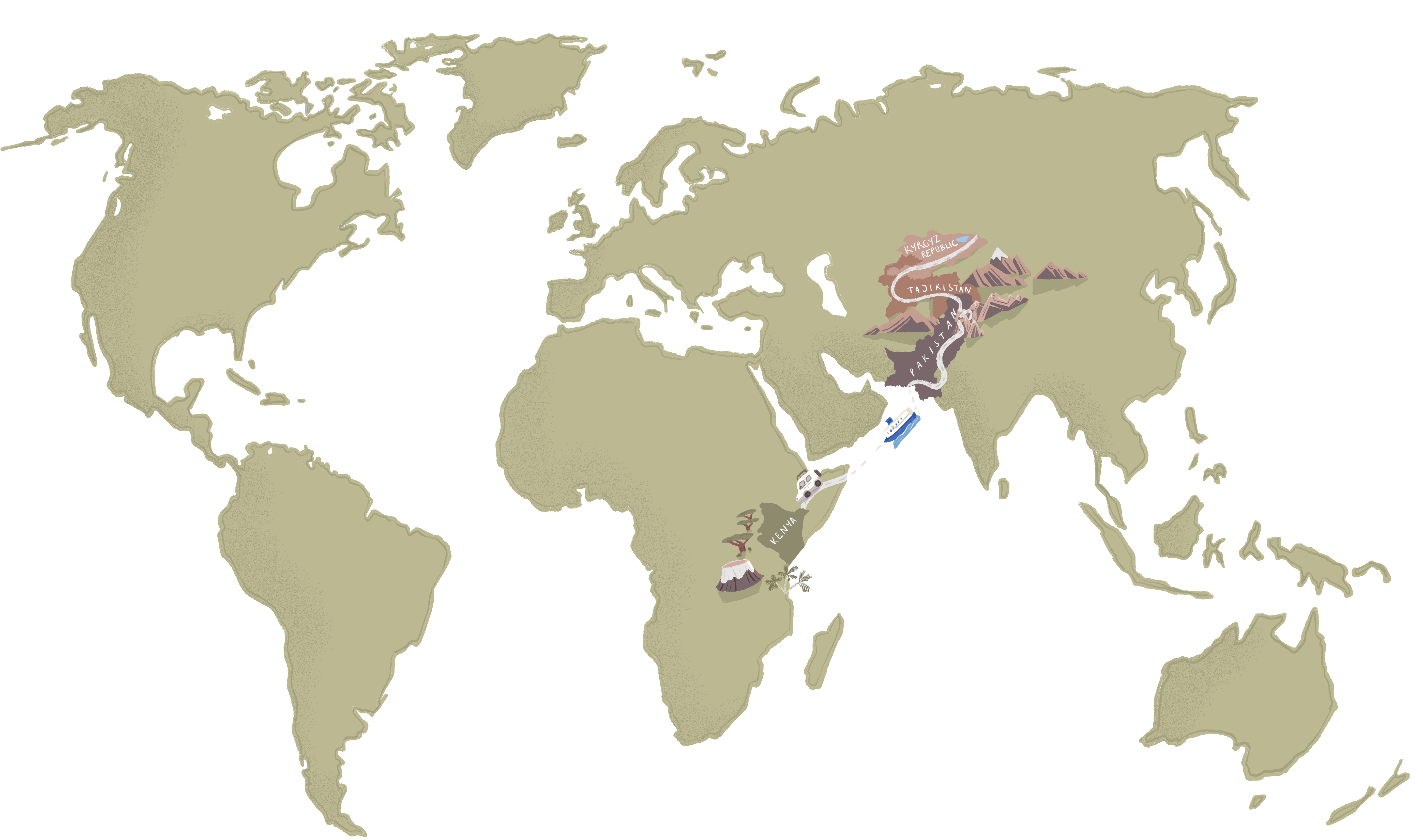 Illustrated world map with Kyrgyz Republic, Tajikistan, Pakistan, and Kenya highlighted with a road running between them
