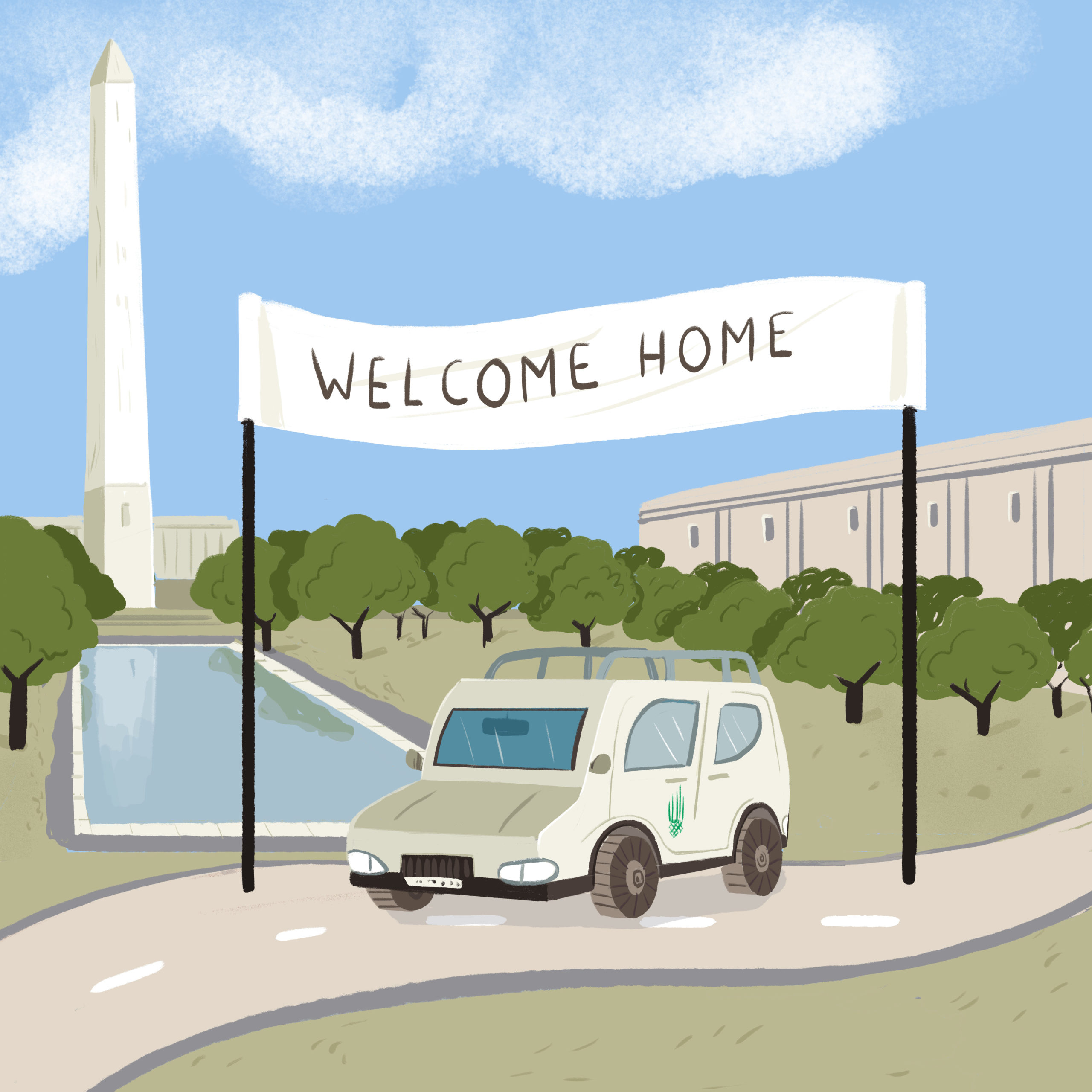 The Virtual Voyage truck with the AKF symbol parked under a banner saying "Welcome Home" in front of the Washington Monument
