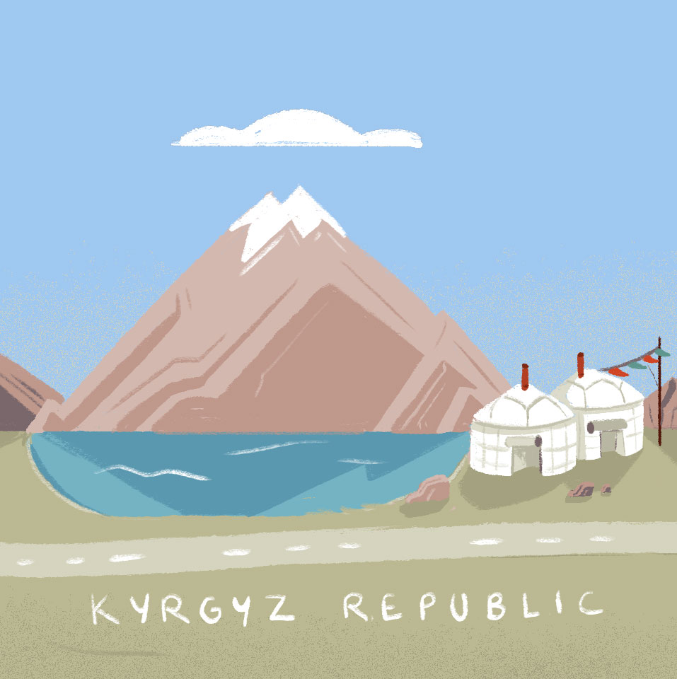 Illustration of Mountain and Yurts representing Kyrgyz Republic. Links to Kyrgyz Republic stop