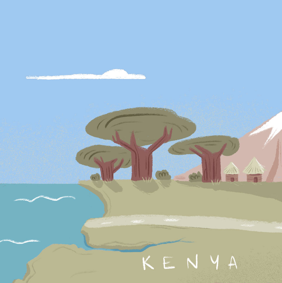 Illustration of trees and traditional houses representing Kenya. Links to Kenya stop