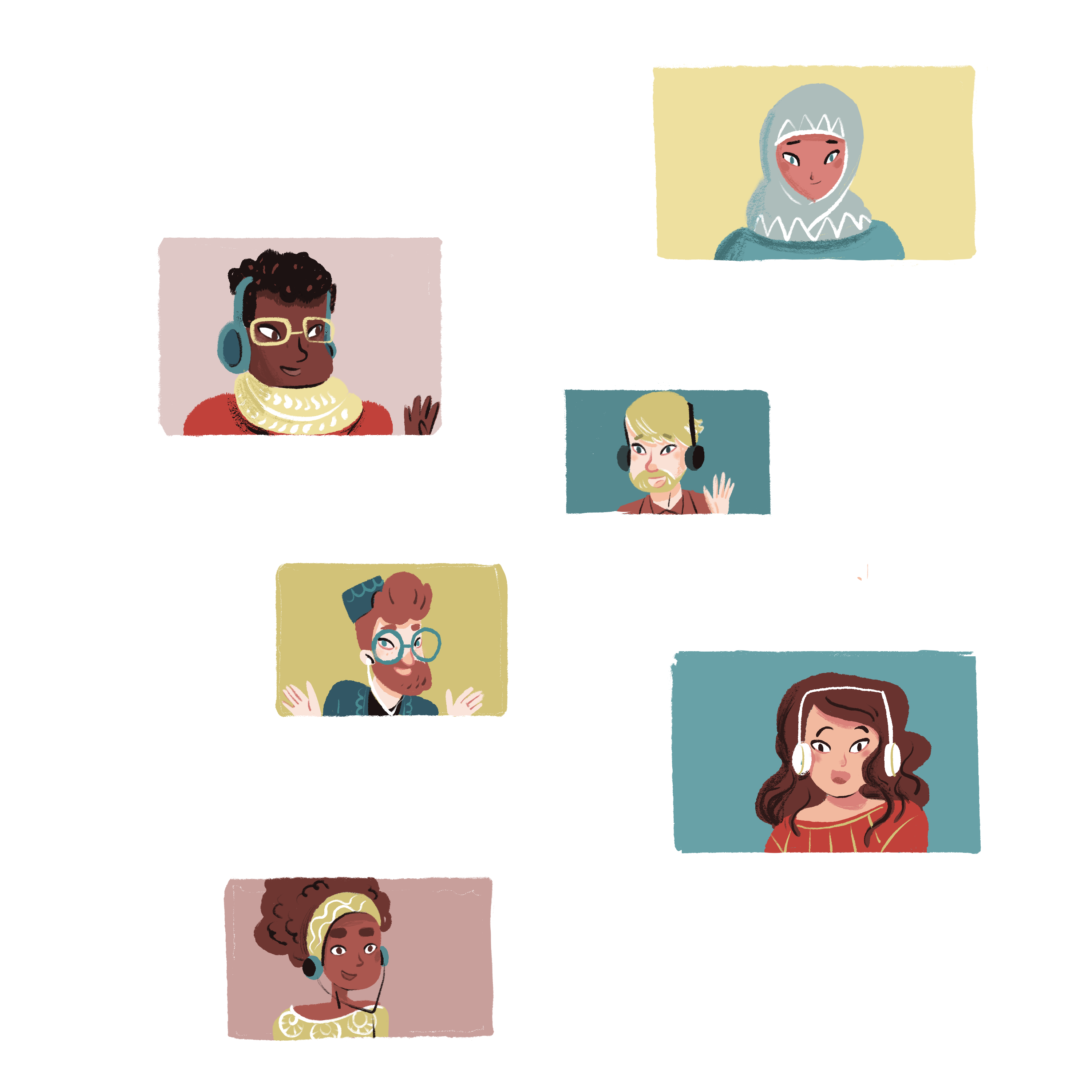 Illustration representing the virtual town hall: 6 faces on screens are interconnected via lines.