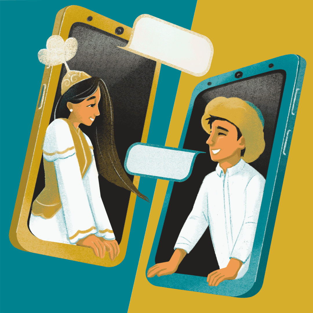 an illustration of two phones, one containing a young woman in traditional Kyrgyz clothes and the other a young man in Kyrgyz clothes. They are chatting.