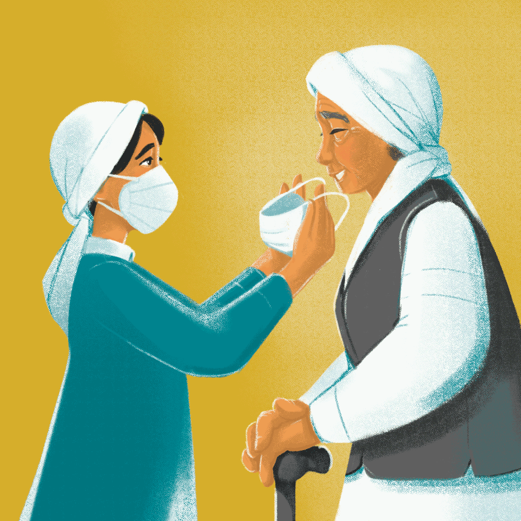 an illustration of a woman helping an older person with a cane put on a mask